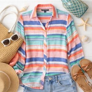 Zac & Rachel Rainbow Stripe Button Down Blouse | Pink Multicolor | Lightweight